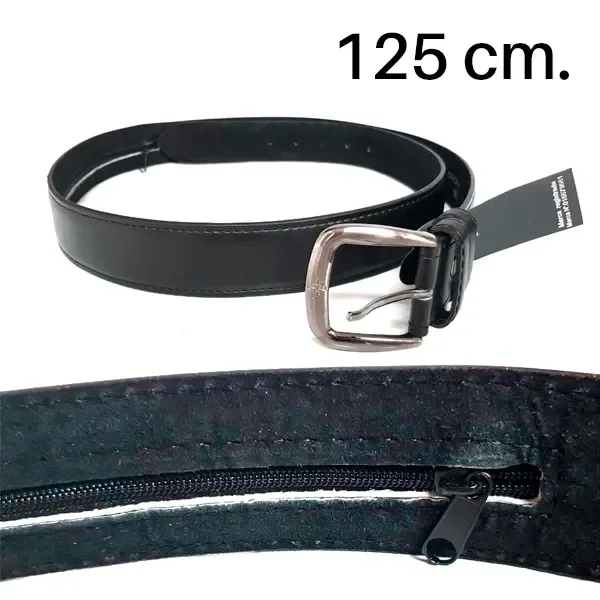 Cinturón negro con hebilla plateada y detalle ampliado del bolsillo interior con cremallera para guardar billetes.