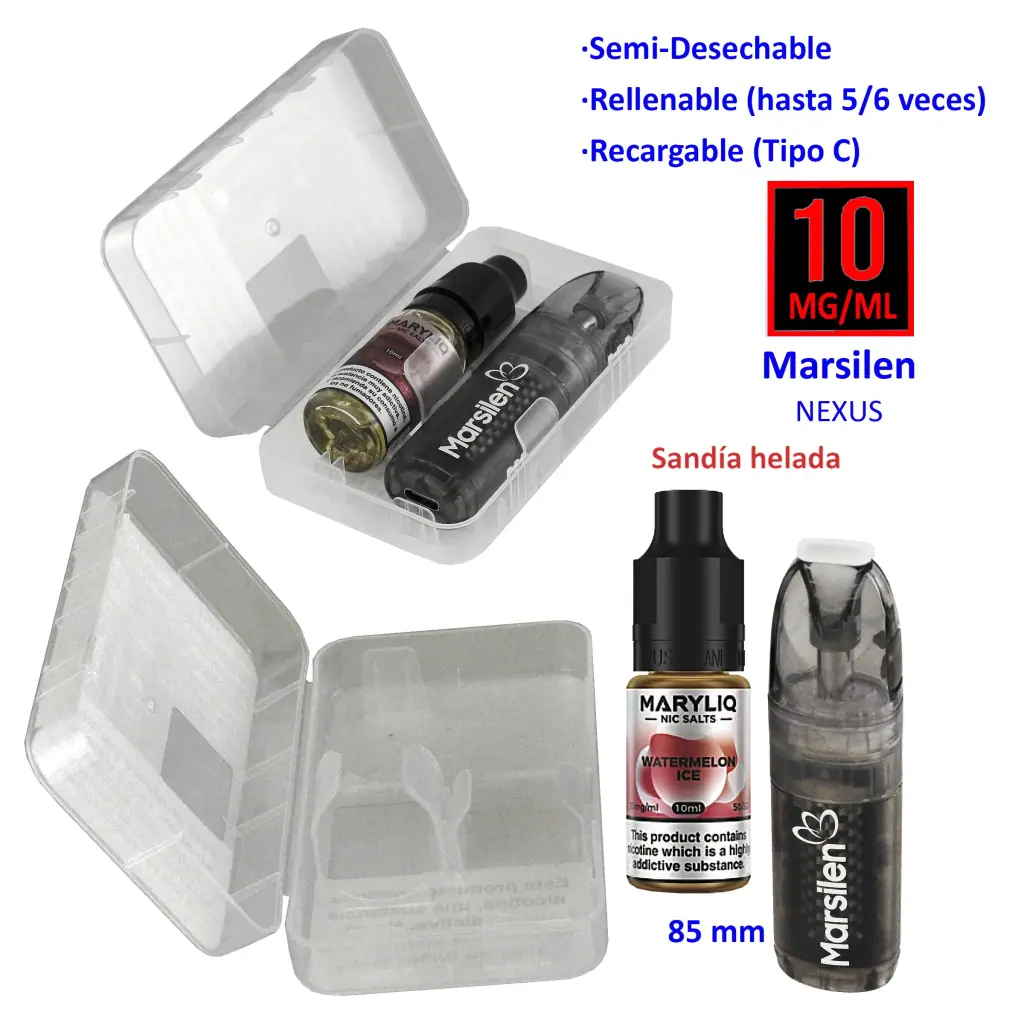Vaper Marsilen NEXUS y líquido MaryLiq Watermelon Ice junto a un estuche abierto; el montaje indica 10 mg/ml y recarga de tipo C.