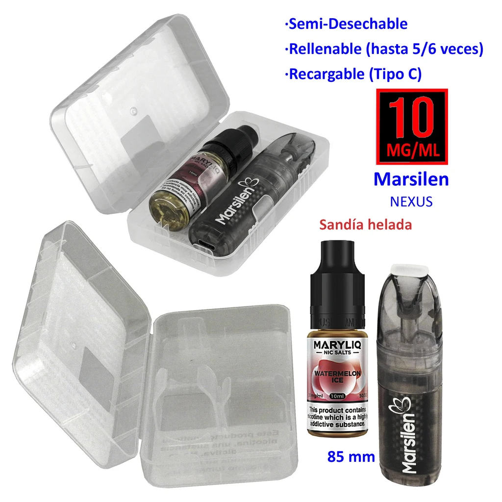 Vaper Marsilen NEXUS y líquido MaryLiq Watermelon Ice junto a un estuche abierto; el montaje indica 10 mg/ml y recarga de tipo C.