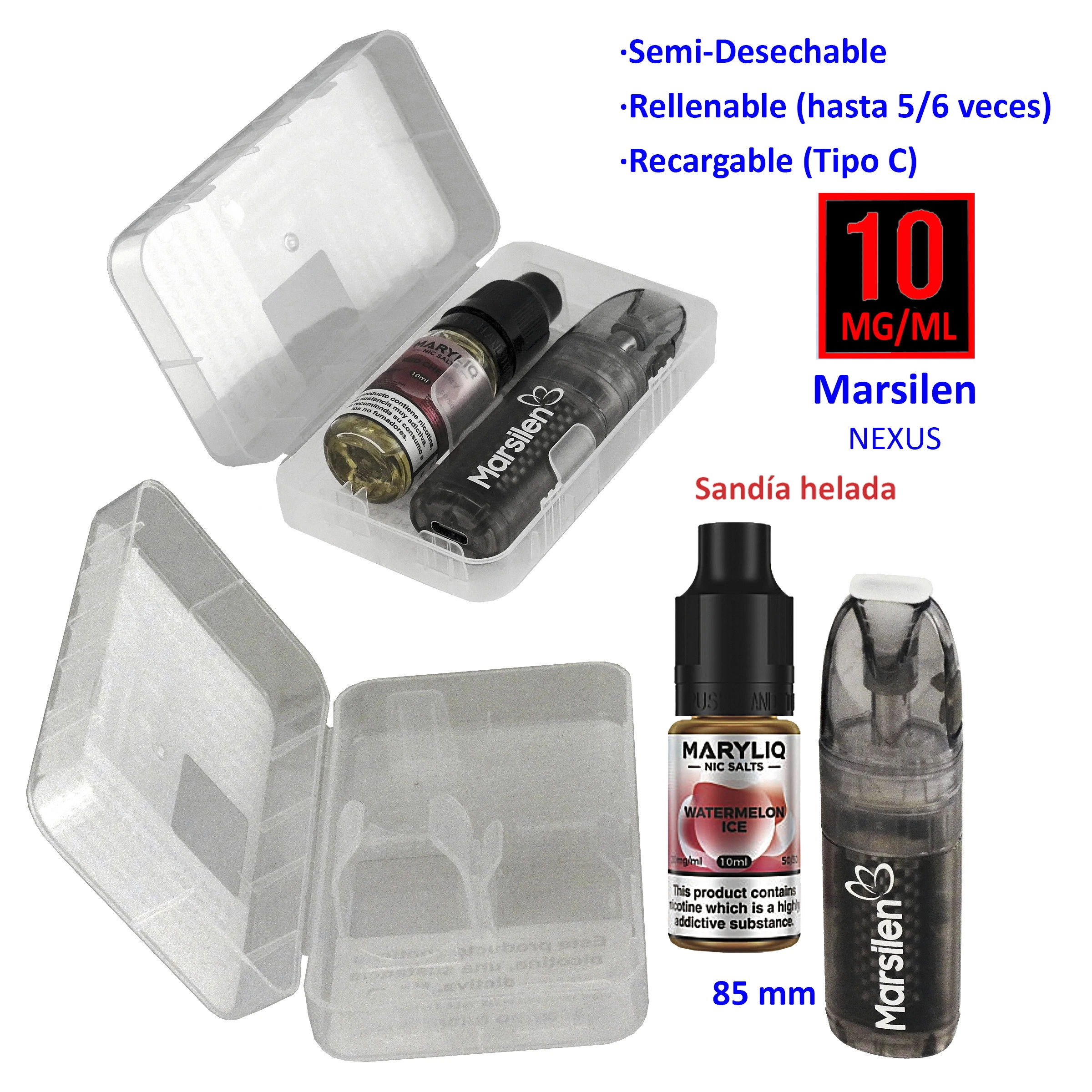Vaper Marsilen NEXUS y líquido MaryLiq Watermelon Ice junto a un estuche abierto; el montaje indica 10 mg/ml y recarga de tipo C.