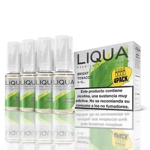 Frascos de Liqua Bright Tobacco con tapones blancos junto a su caja verde y plateada, rotulada «4 × 10 ml» y con advertencia sobre nicotina.