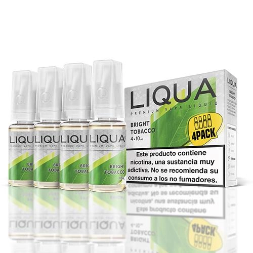 Frascos de Liqua Bright Tobacco con tapones blancos junto a su caja verde y plateada, rotulada «4 × 10 ml» y con advertencia sobre nicotina.