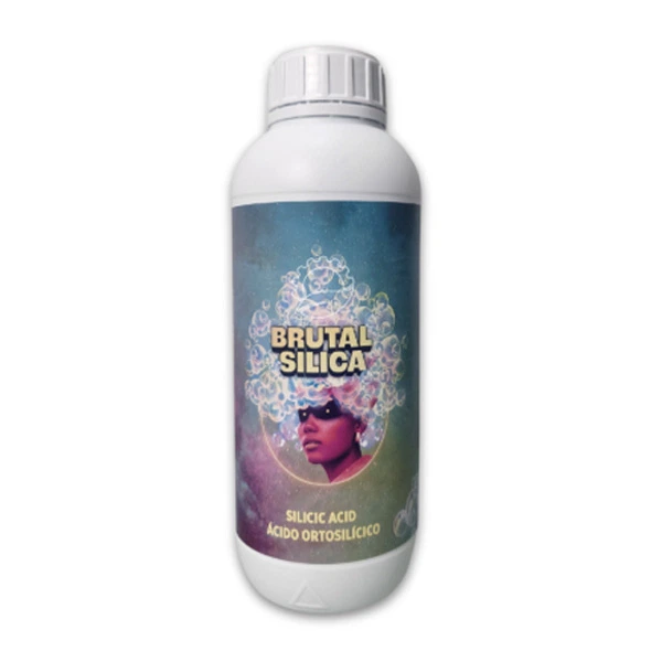 Botella blanca de Brutal Silica con tapón estriado y etiqueta multicolor con un rostro y el texto «ácido ortosilícico».