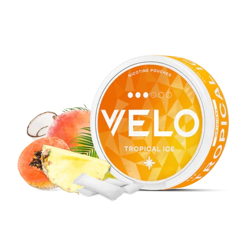 Envase redondo naranja de VELO Tropical Ice con bolsitas blancas delante y frutas tropicales a un lado, sobre fondo negro. Envase redondo naranja de VELO Tropical Ice con bolsitas blancas delante y frutas tropicales a un lado, sobre fondo negro.