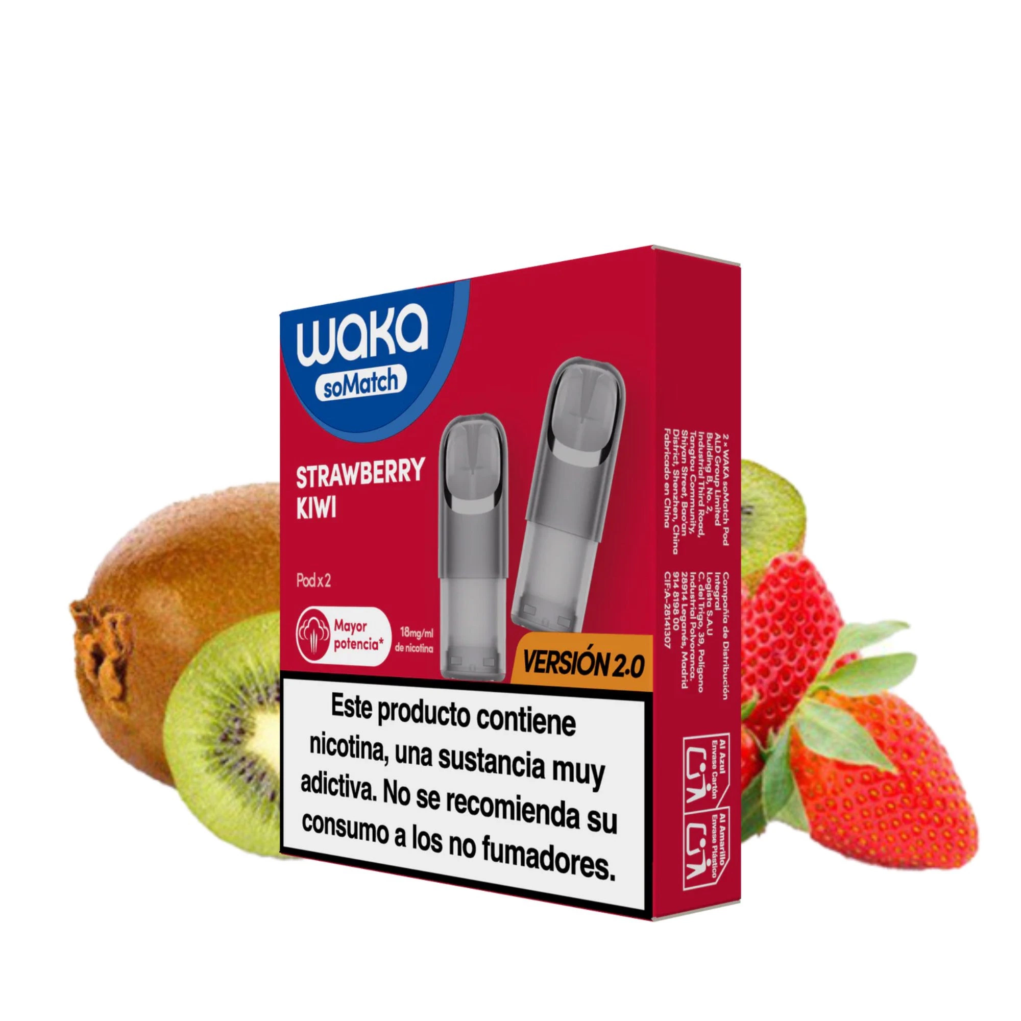 Caja roja Waka soMatch Strawberry Kiwi con ilustraciones de recargas, fresas y kiwi alrededor y advertencia sobre nicotina en español.