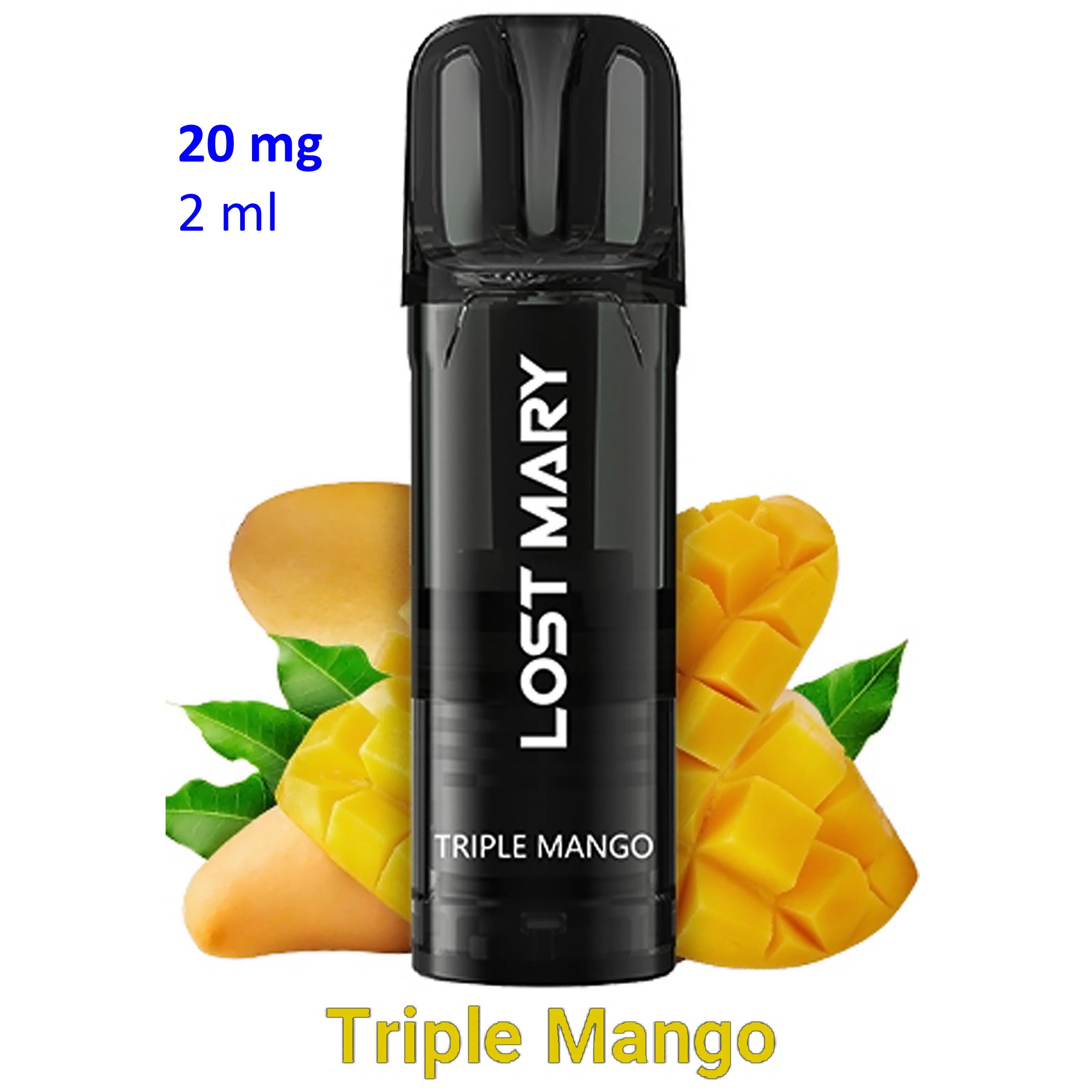 Pod negro Lost Mary Triple Mango en vertical, rodeado de mangos enteros y cortados, con los textos «20 mg» y «2 ml» sobre fondo blanco.
