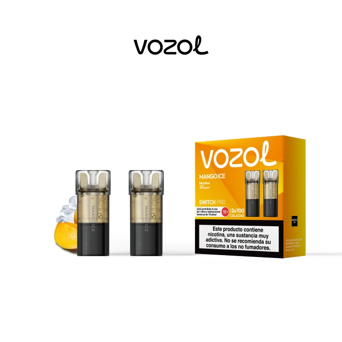 Recargas Vozol Switch Pro Mango Ice junto a su caja naranja y amarilla, con mango, hielo y advertencia sobre nicotina. Recargas Vozol Switch Pro Mango Ice junto a su caja naranja y amarilla, con mango, hielo y advertencia sobre nicotina.
