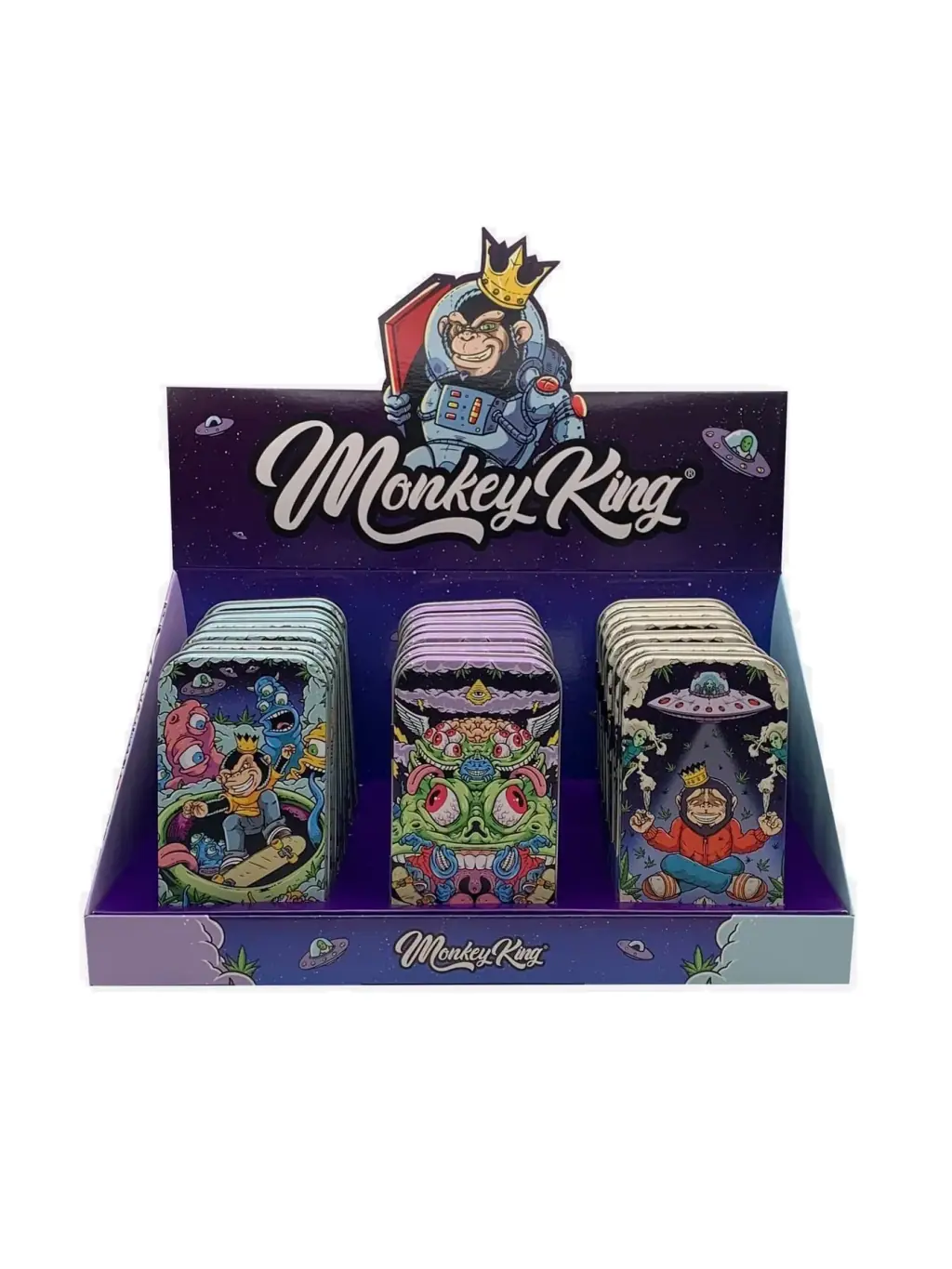 Expositor Monkey King con varias cajas metálicas rectangulares de distintos diseños espaciales, con monos, extraterrestres y ovnis.