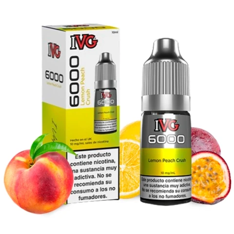 Frasco y caja de IVG 6000 Lemon Peach Crush, con tapón gris y etiqueta amarilla, junto a melocotón, cítrico y maracuyá.