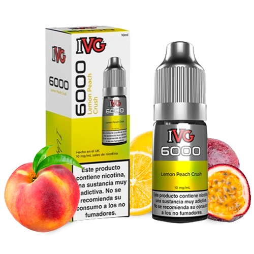 Frasco y caja de IVG 6000 Lemon Peach Crush, con tapón gris y etiqueta amarilla, junto a melocotón, cítrico y maracuyá.