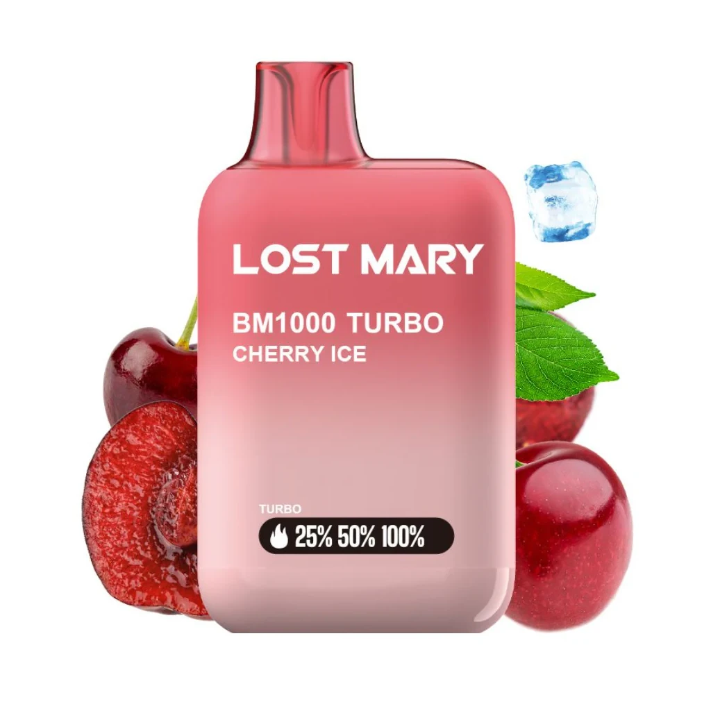Vapeador rosa Lost Mary BM1000 Turbo Cherry Ice con boquilla translúcida, rodeado de cerezas, hojas verdes y un cubito de hielo.
