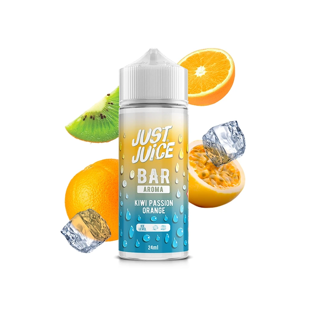 Botella Just Juice Bar Kiwi Passion Orange de 24 ml, con tapón blanco y etiqueta amarilla y azul, rodeada de frutas y cubitos de hielo.