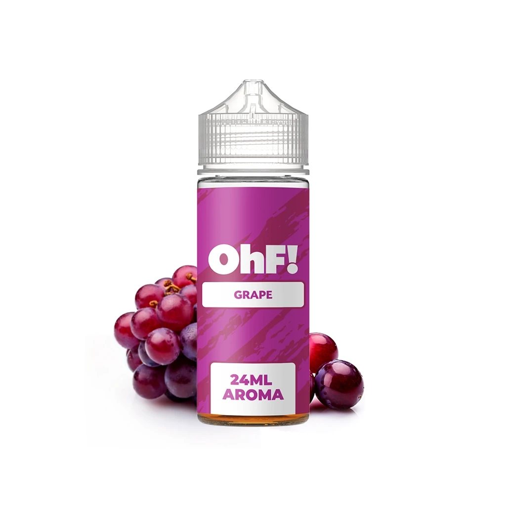 Bote de OhF! Grape Longfill con etiqueta morada, texto «24ML AROMA» y tapón transparente, acompañado de uvas oscuras.