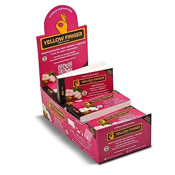 Expositor rosa de filtros Yellow Finger con varios estuches, logotipos amarillos y negros e ilustraciones de algodón.