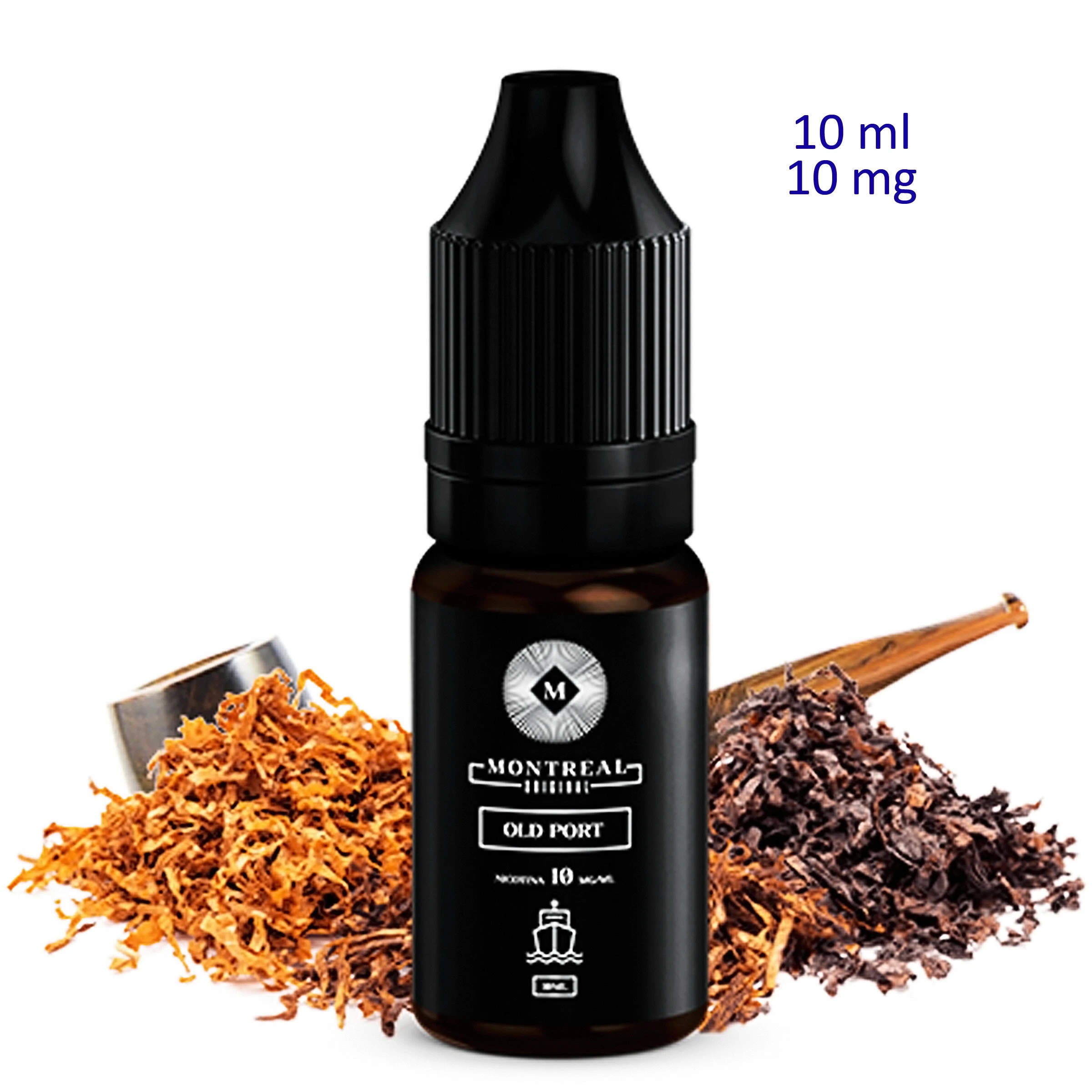 Frasco oscuro de Montreal Original Old Port con tapón negro, rodeado de tabaco y una pipa; texto superior de 10 ml y 10 mg.