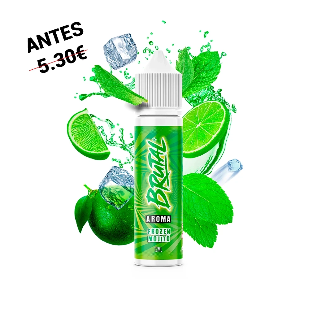 Frasco de aroma Brutal Frozen Mojito con etiqueta verde y tapón blanco, rodeado de limas, hojas de menta, hielo y salpicaduras verdes.