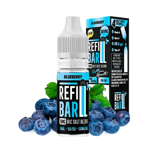 Frasco Refill Bar Salts Blueberry de 10 ml con tapón blanco y caja negra y azul, rodeado de arándanos y hojas verdes.