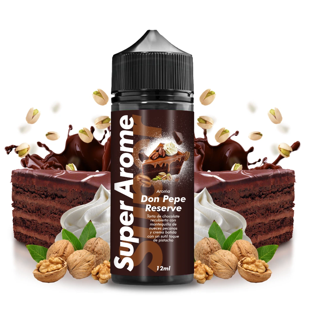 Bote de aroma Don Pepe Reserve Super Arome de 12 ml, con tarta de chocolate, crema, nueces y pistachos como fondo decorativo.