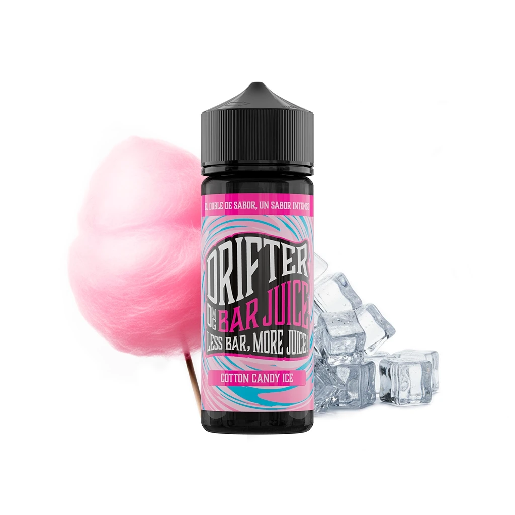 Frasco Drifter Bar Juice Cotton Candy Ice con tapón negro y etiqueta rosa y turquesa, junto a algodón de azúcar rosa y cubitos de hielo.