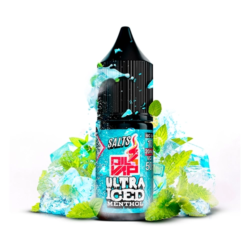 Frasco Oil4Vap Ultra Ice Menthol Salts con tapón negro y etiqueta turquesa, rodeado de cubitos de hielo y hojas verdes.