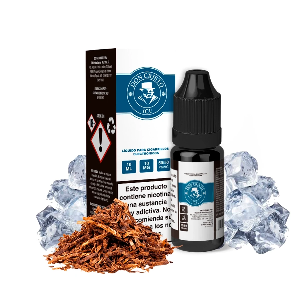 Frasco de e-líquido Don Cristo Ice con tapón negro junto a su caja, con etiquetas de 10 ml y 10 mg, rodeado de hielo y tabaco.