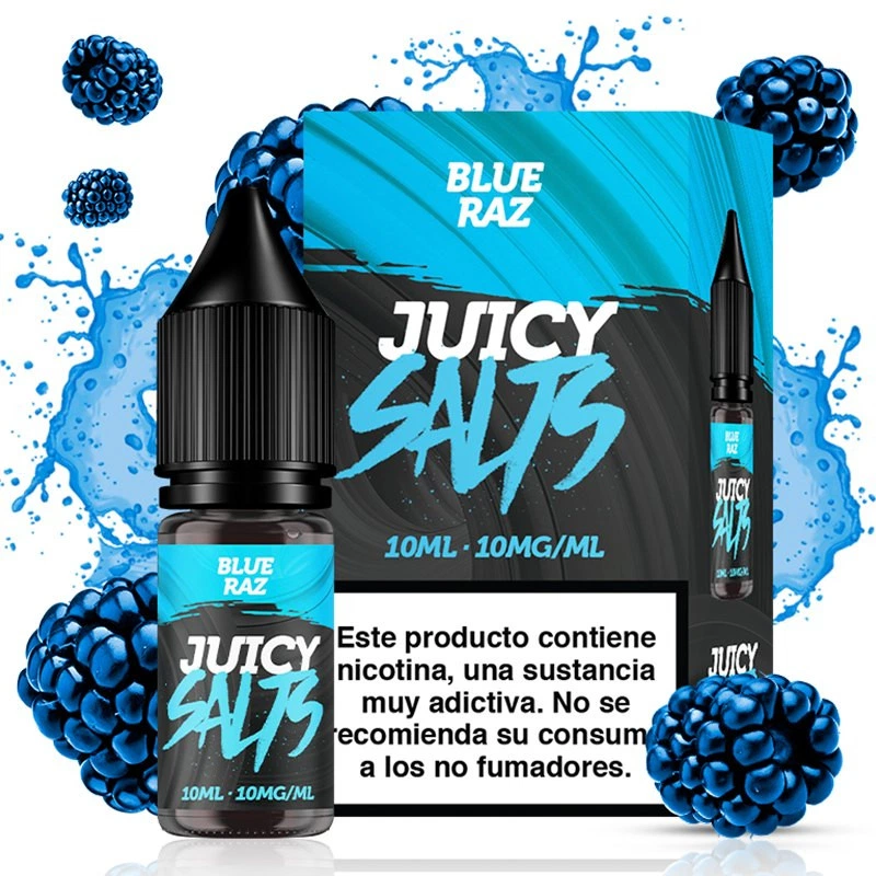 Frasco y caja Blue Raz de Juicy Salts, de 10 ml y 10 mg/ml, con frutos azules, salpicaduras y advertencia sobre nicotina.