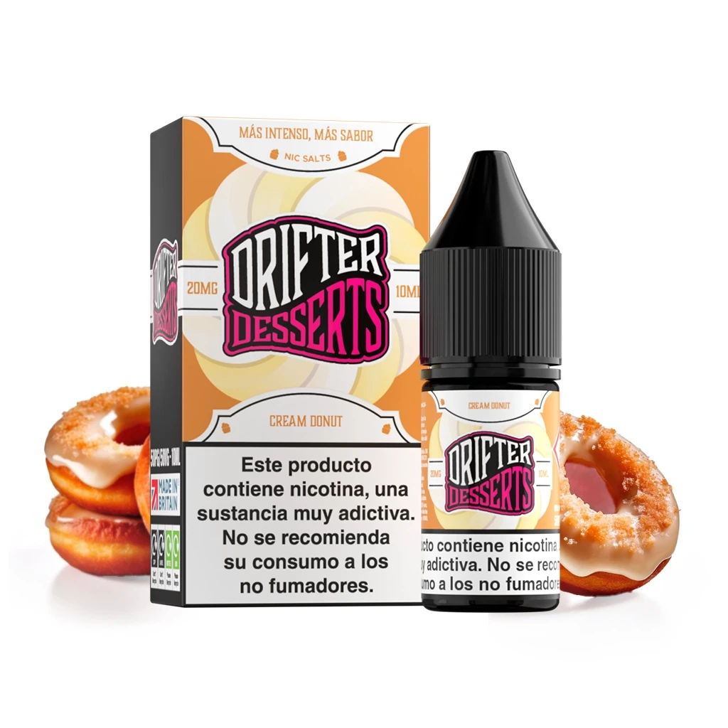Caja y frasco Drifter Desserts Cream Donut de 10 ml, con tapón negro, rosquillas de fondo y advertencia sobre nicotina.