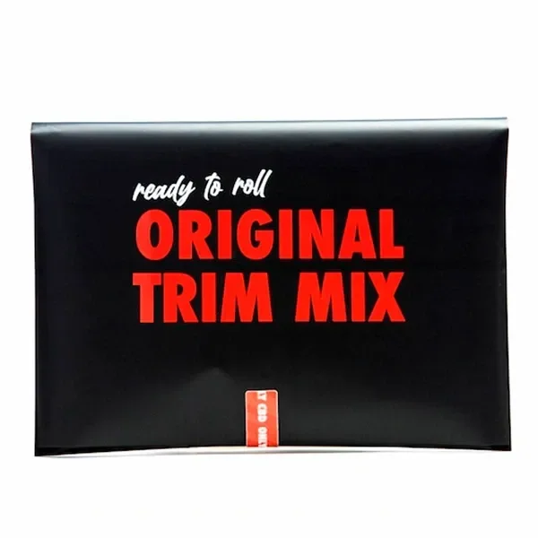 Envase rectangular negro de OnlyCBD Trim Mix Original, con grandes letras rojas y el texto blanco «ready to roll».