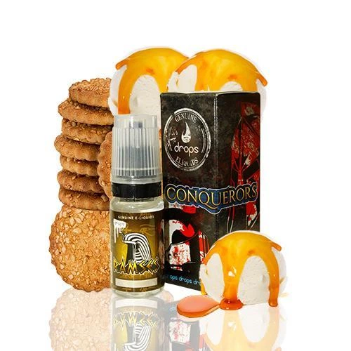 Frasco y caja de Drops Conquerors Ramses, junto a una pila de galletas y bolas de helado cubiertas de salsa dorada.