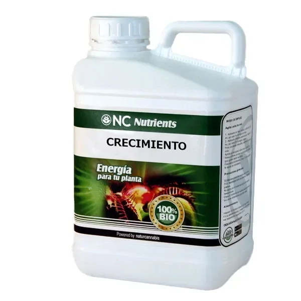 Garrafa blanca de Crecimiento Naturcannabis con asa, tapón de rosca y etiqueta verde con el texto «Crecimiento».