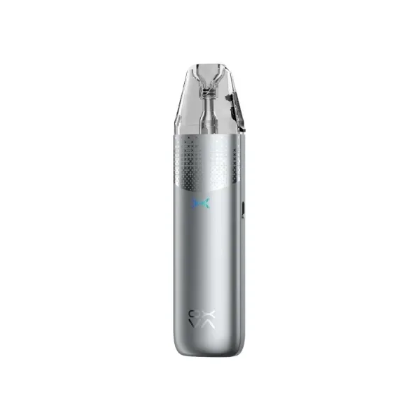 Pod Oxva Nexlim Mini 2 plateado, de cuerpo alargado con zona superior texturizada y cartucho transparente, sobre fondo blanco. Pod Oxva Nexlim Mini 2 plateado, de cuerpo alargado con zona superior texturizada y cartucho transparente, sobre fondo blanco.