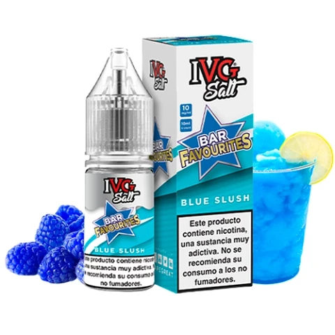 Bote y caja de IVG Blue Slush con advertencia sobre nicotina, junto a frutos azules y un granizado azul con rodaja de limón.
