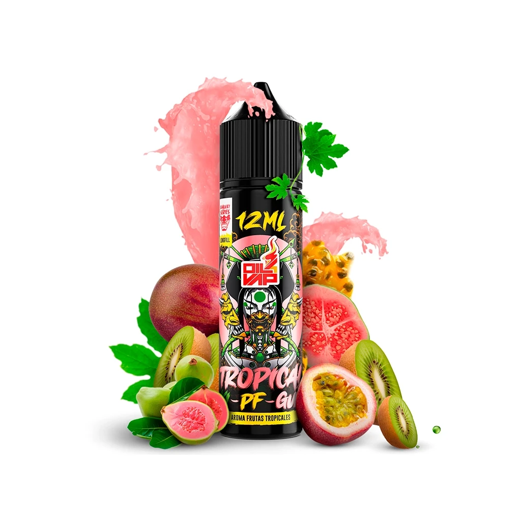 Bote Oil4vap Kabuki Tropical de 12 ml con tapón negro, rodeado de frutas tropicales y salpicaduras rosas sobre fondo blanco.