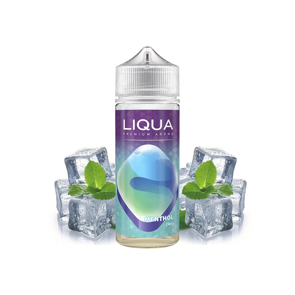 Bote Liqua Menthol de 24 ml con tapón transparente y etiqueta violeta y turquesa, flanqueado por hielo y hojas verdes.