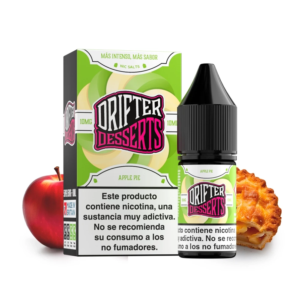Frasco y caja verdes de Drifter Desserts Apple Pie, con tapón negro y advertencia sobre nicotina, junto a una manzana y una tarta.