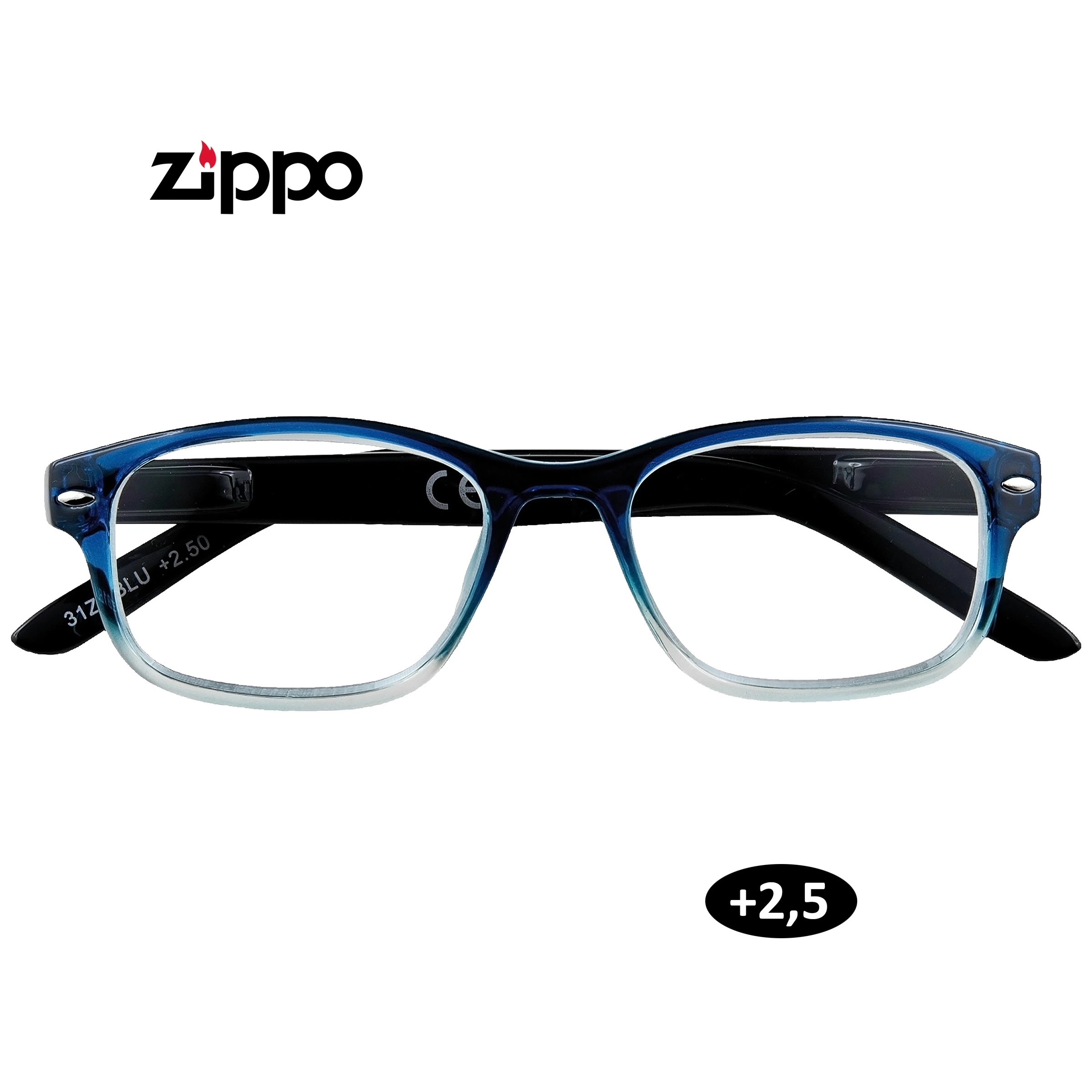 Gafas de lectura Zippo de +2,50, vistas de frente, con montura rectangular azul degradada a transparente y patillas negras.