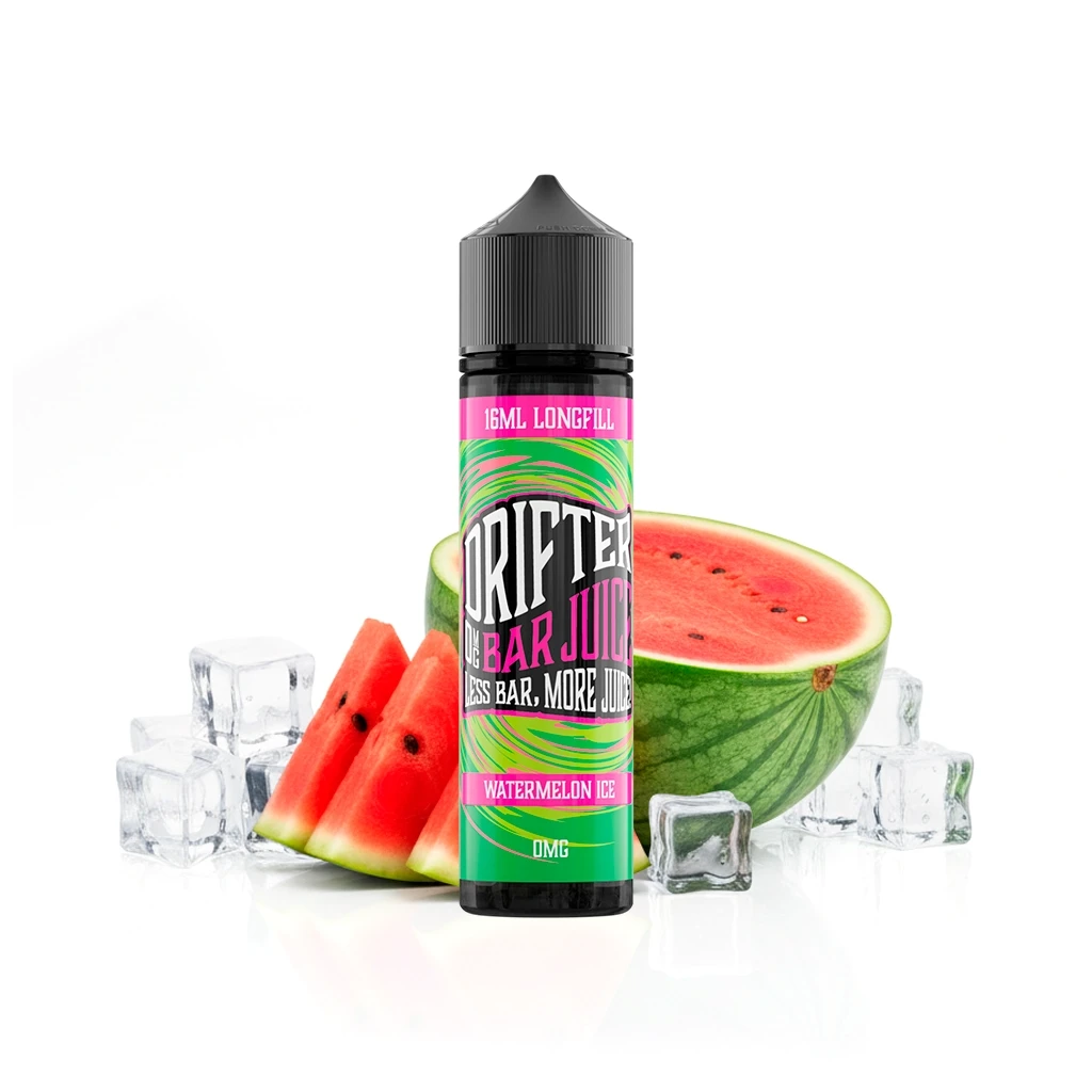 Botella Drifter Bar Watermelon Ice Longfill de 16 ml, con tapón negro y etiqueta verde y rosa, junto a sandía cortada y cubitos de hielo.