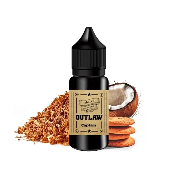 Frasco negro Outlaw Captain con etiqueta beige y tapón estriado, acompañado de tabaco picado, medio coco y galletas.
