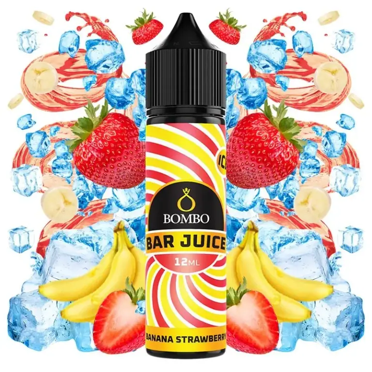 Frasco Bombo Bar Juice Banana Strawberry Ice con etiqueta roja y amarilla de 12 ml, rodeado de fresas, plátanos y cubitos de hielo.
