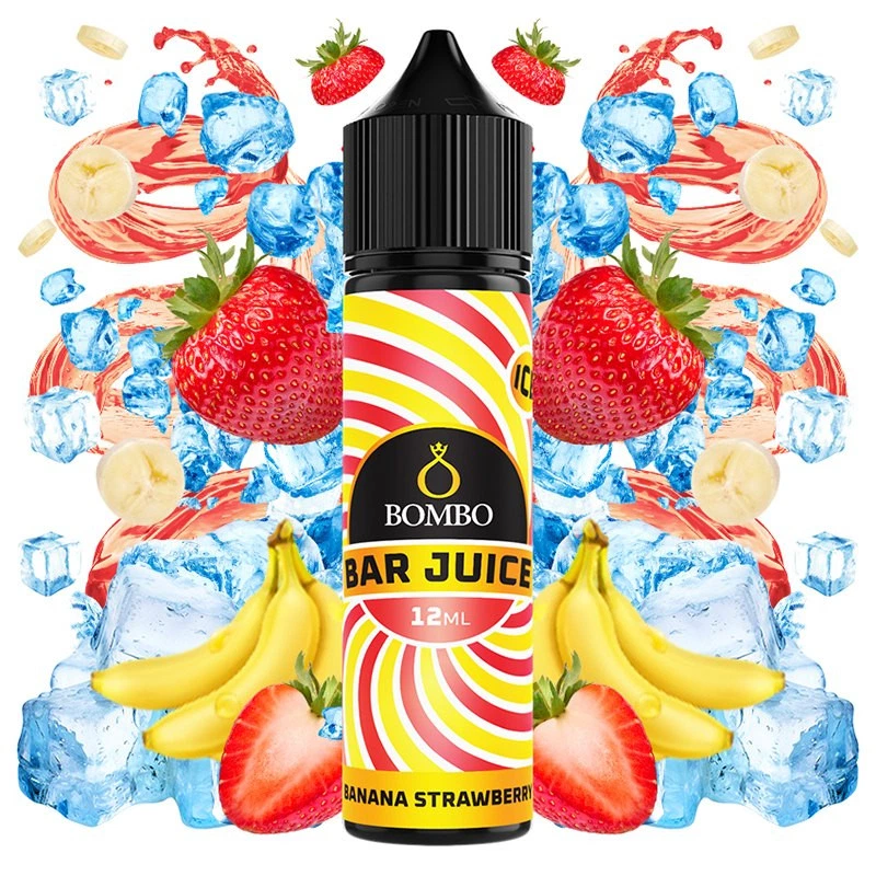 Frasco Bombo Bar Juice Banana Strawberry Ice con etiqueta roja y amarilla de 12 ml, rodeado de fresas, plátanos y cubitos de hielo.
