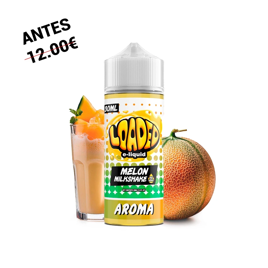 Bote de Loaded Melon Milkshake Longfill con tapón blanco y etiqueta amarilla y verde, junto a un batido y un melón.