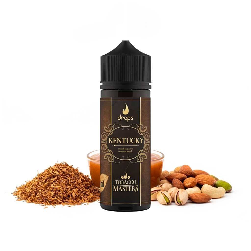 Bote de Drops Tobacco Masters Kentucky con tapón negro y etiqueta marrón y dorada, junto a tabaco picado y frutos secos.
