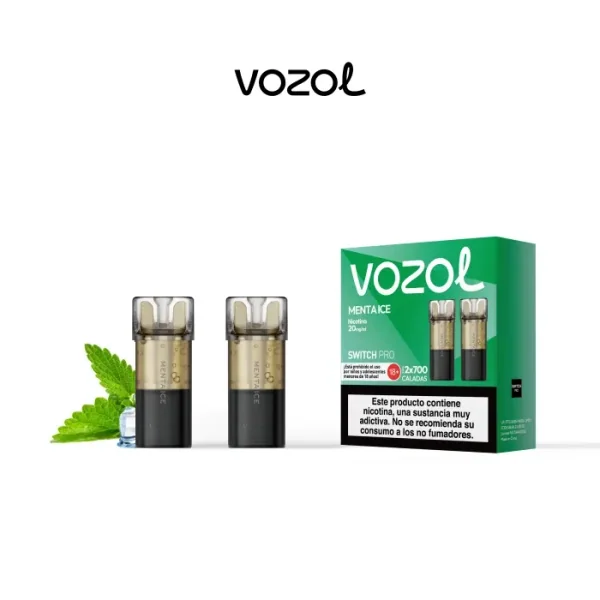 Pods Vozol Switch Pro Menta Ice junto a su caja verde con advertencia de nicotina, hojas de menta y cubitos de hielo.