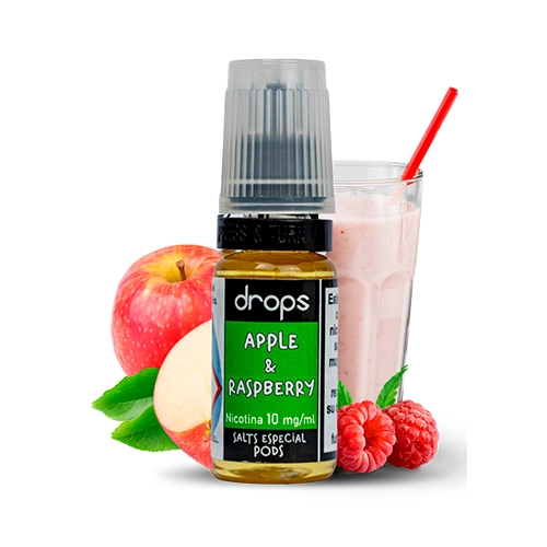 Frasco Drops Apple & Raspberry con etiqueta verde de nicotina 10 mg/ml, junto a manzana, frambuesas y una bebida rosa con pajita.