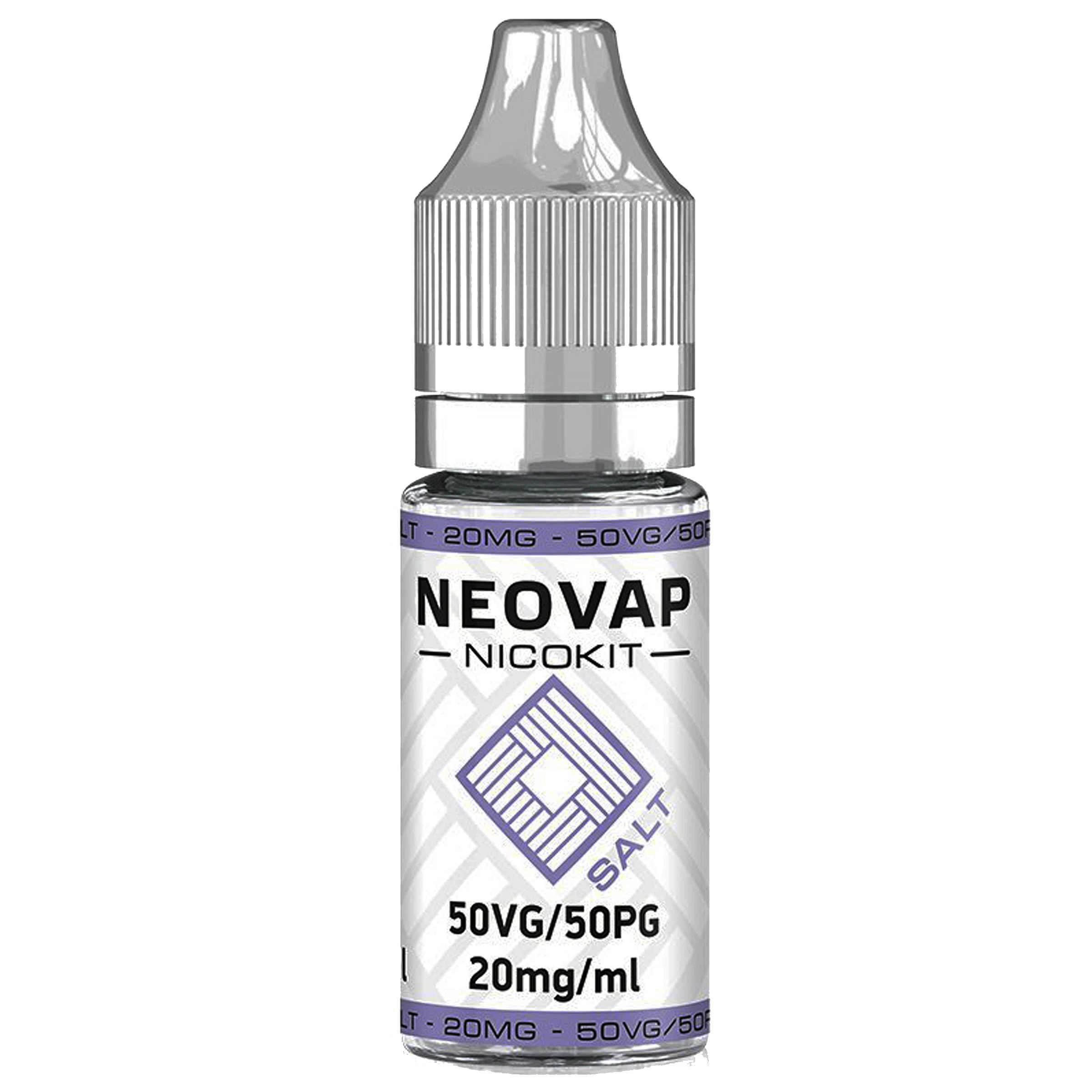 Frasco Neovap Nicokit Salt con tapón plateado y etiqueta blanca y violeta que indica 50VG/50PG y 20 mg/ml, sobre fondo blanco.