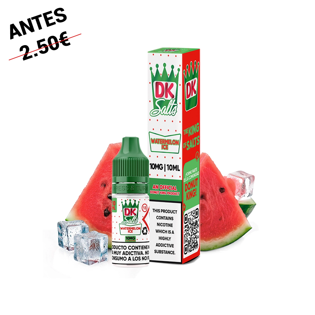 Frasco y caja de Donut King Salts Watermelon Ice, con tapón verde y etiqueta de 10 mg, acompañados de rodajas de sandía y cubitos de hielo.