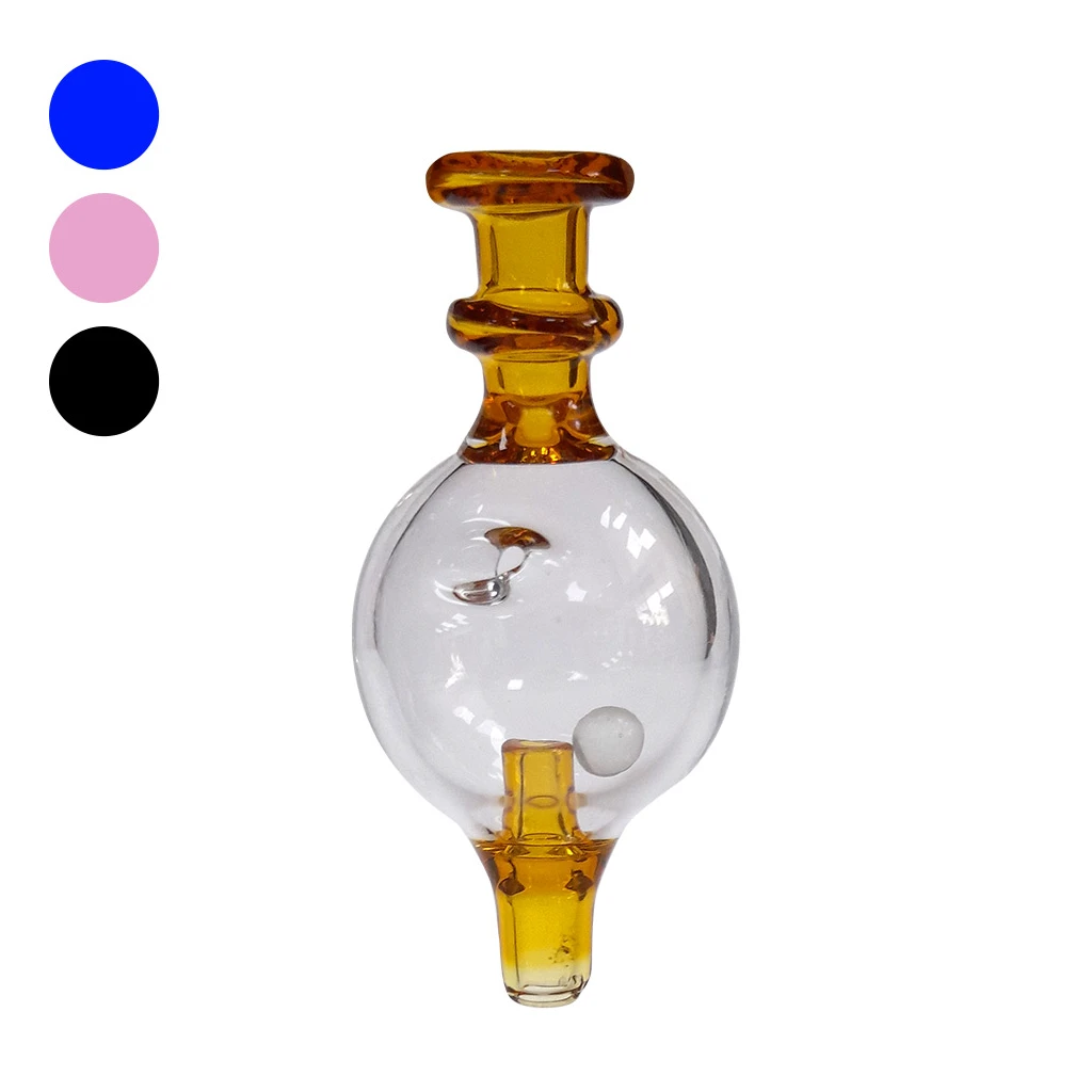 Carb Cup de cristal con cámara esférica transparente, extremos ámbar y una bolita interior; al lado aparecen muestras azul, rosa y negra.