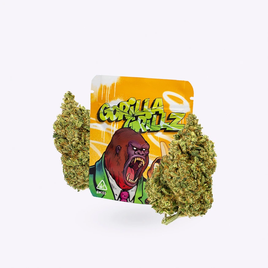 Flores de cáñamo Gorilla Grillz junto a una bolsa amarilla con letras verdes y la ilustración de un gorila con la boca abierta.