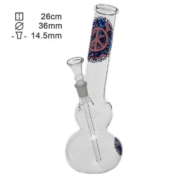 Bong de cristal transparente de 26 cm, con base abombada, cazoleta lateral y símbolo de la paz sobre un estampado multicolor.