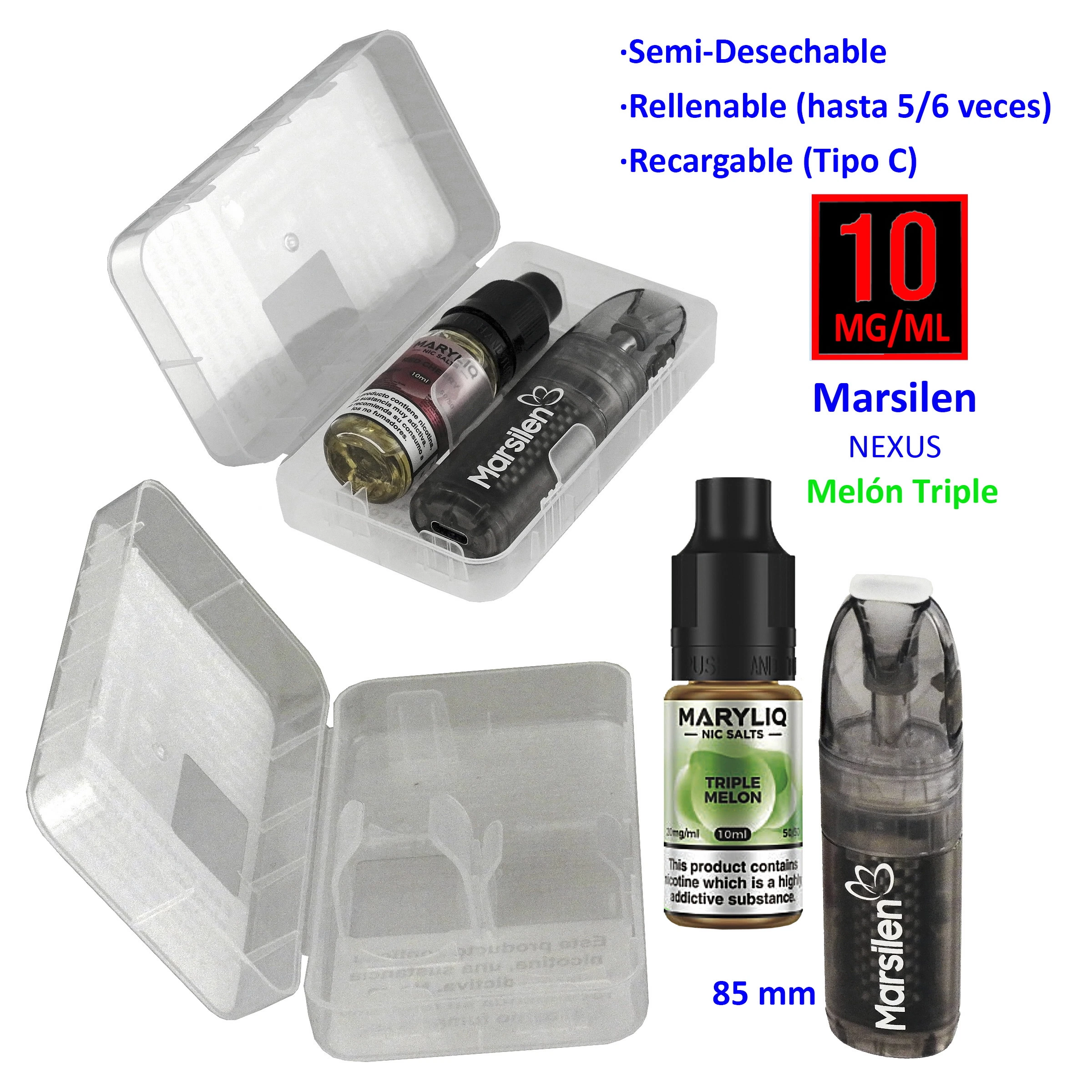 Vaper Marsilen NEXUS y bote MaryLiq Triple Melon junto a un estuche abierto, con texto de 10 mg/ml, recarga tipo C y rellenado.